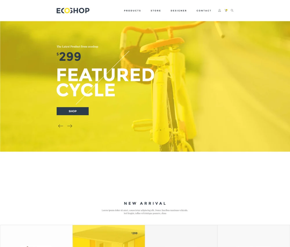 Bicycle ecommerce website with bold yellow and white sections